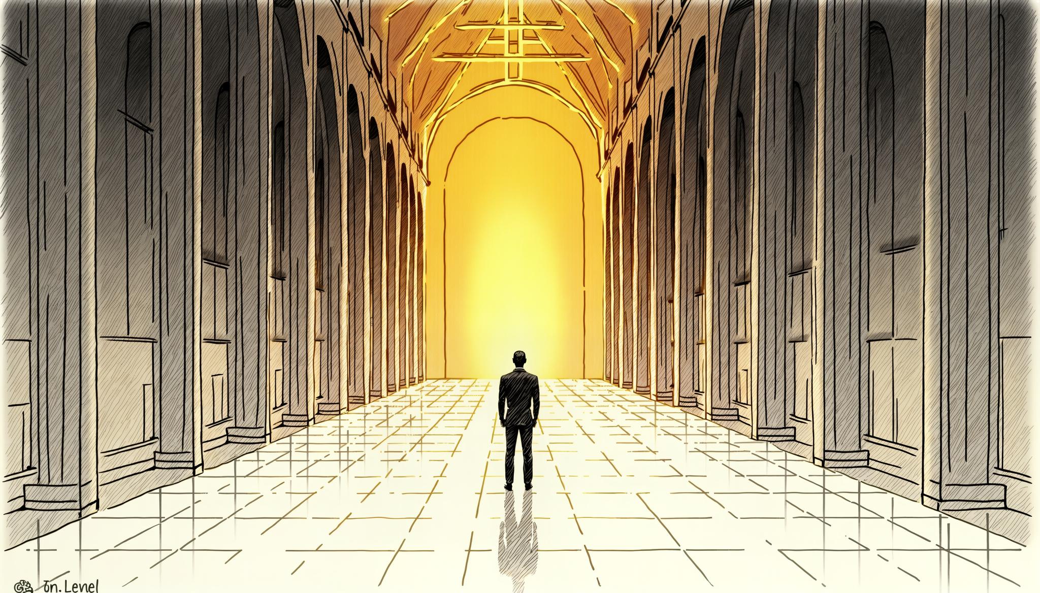 A quiet, light-filled atrium of warm stone with an open stair, an image of interior room and calm.