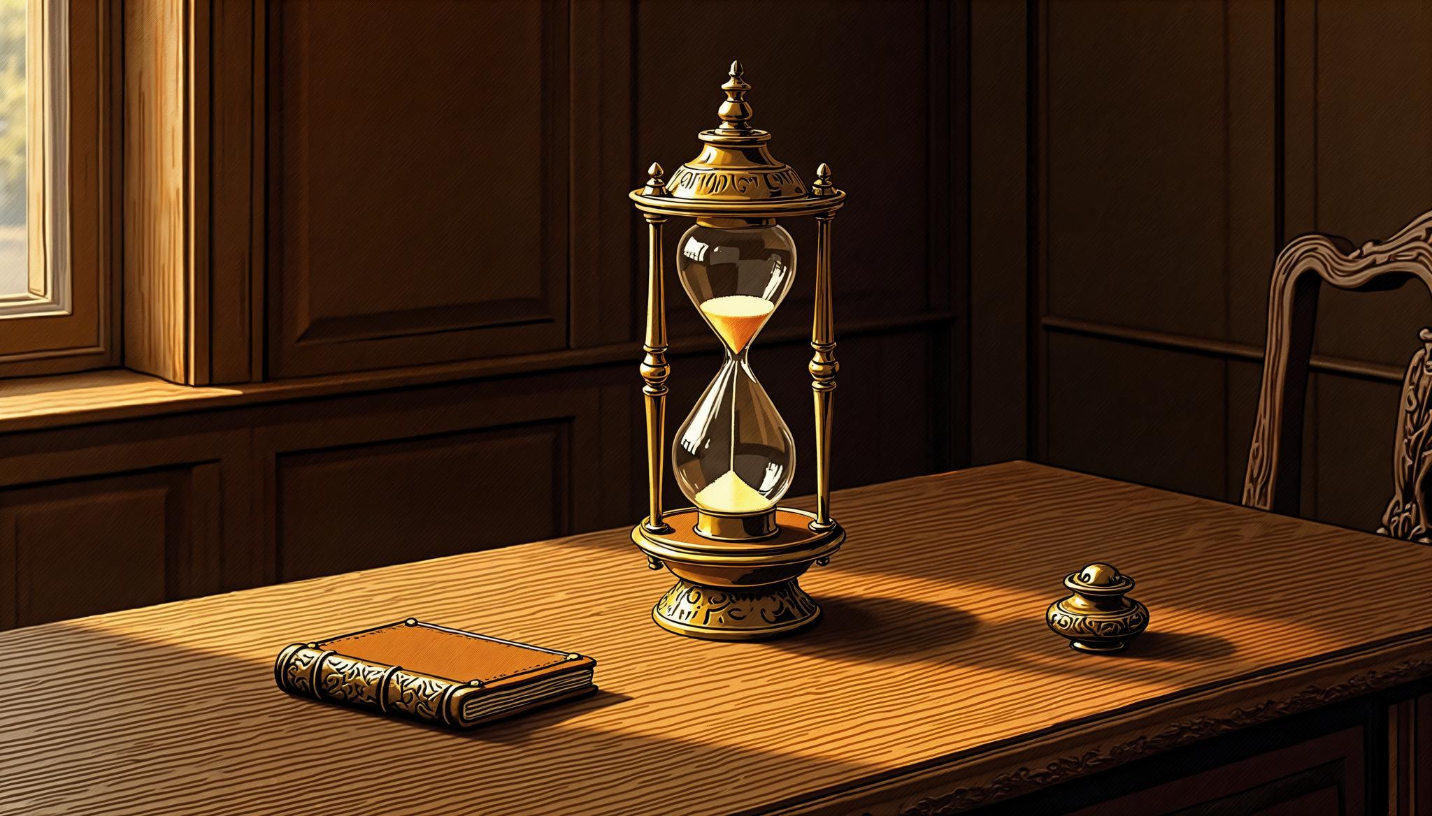 An ornate brass hourglass on a carved oak writing desk beside a leather notebook and brass inkwell, warm window light raking across the wood, the sand falling in a thin amber-glowing stream.